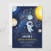 Outer Space Astronaut Planet Galaxy 1st Birthday 招待状 (正面)