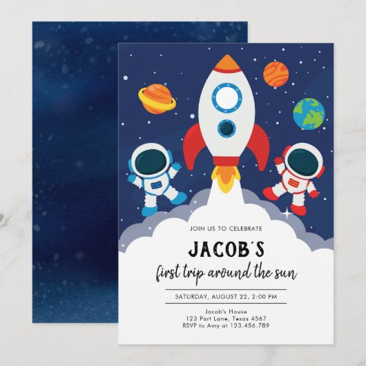Outer Space Astronaut Planet Galaxy Birthday 招待状 (正面/裏面)