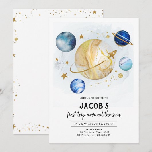 Outer Space Astronaut Planet Galaxy Birthday 招待状 (正面/裏面)