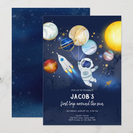 Outer Space Astronaut Planet Galaxy Birthday 招待状 (正面/裏面)