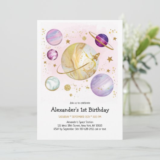 Outer Space Astronaut Planet Galaxy Birthday 招待状 (スタンド正面)