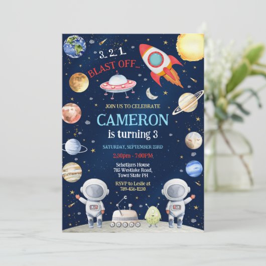 Outer Space Astronaut Rocket Blast Off Birthday 招待状 (スタンド正面)