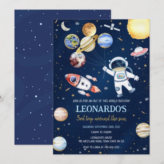 Outer Space Astronaut Rocket Planets Birthday  招待状 (正面/裏面)