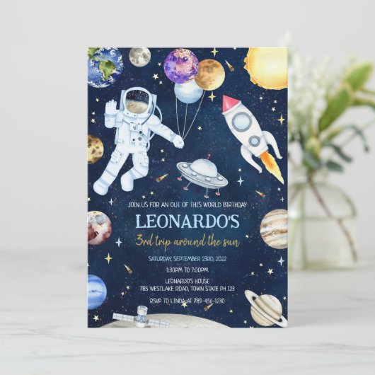 Outer Space Astronaut Rocket Planets Birthday 招待状 (スタンド正面)