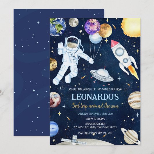 Outer Space Astronaut Rocket Planets Birthday 招待状 (正面/裏面)