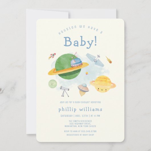 Outer Space Astronaut Spaceship Baby Shower  招待状 (正面)