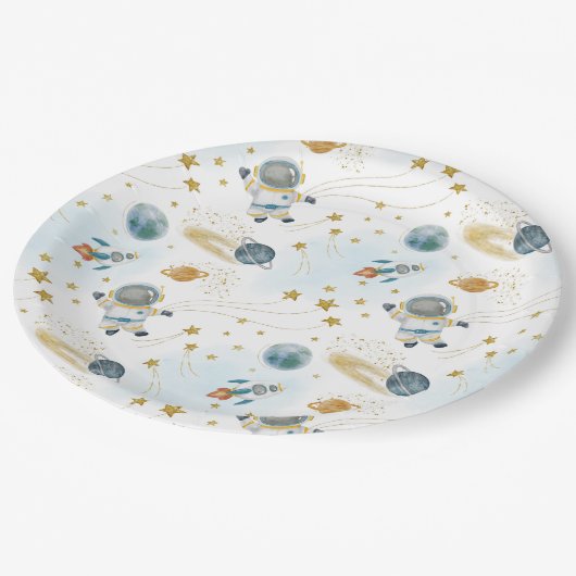 Outer Space Astronaut Stars Pattern ペーパープレート (アングル)