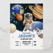 Outer Space Birthday Invitation, Astronaut Galaxy 箔招待状 (正面)