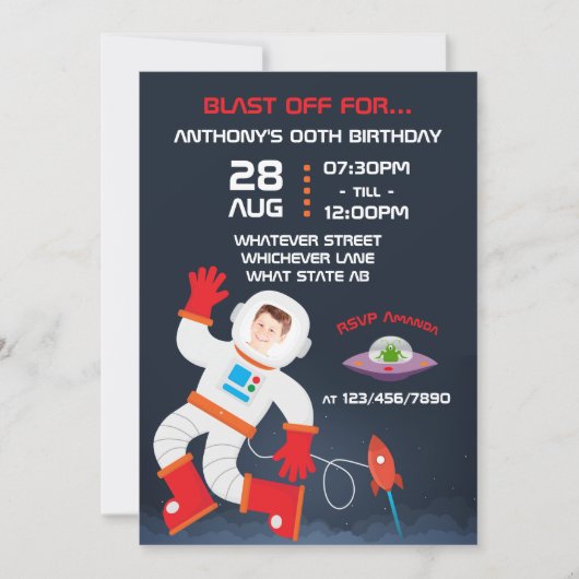 Outer Space Birthday Partyの写真パーソナライズされたの追加 招待状 (正面)
