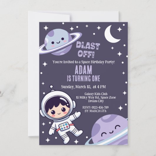 Outer Space Blast Off 1st Birthday Party 招待状 (正面)