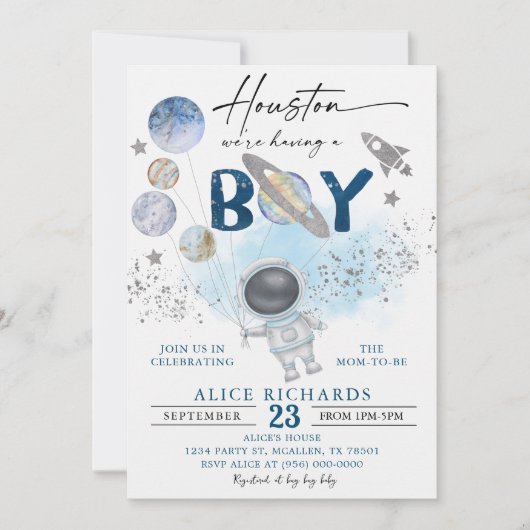 Outer Space Boy Baby Shower Galaxy Baby Shower 招待状 (正面)