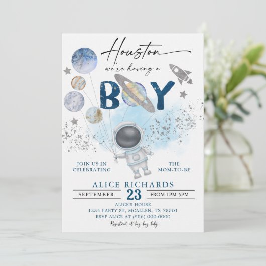 Outer Space Boy Baby Shower Galaxy Baby Shower 招待状 (スタンド正面)