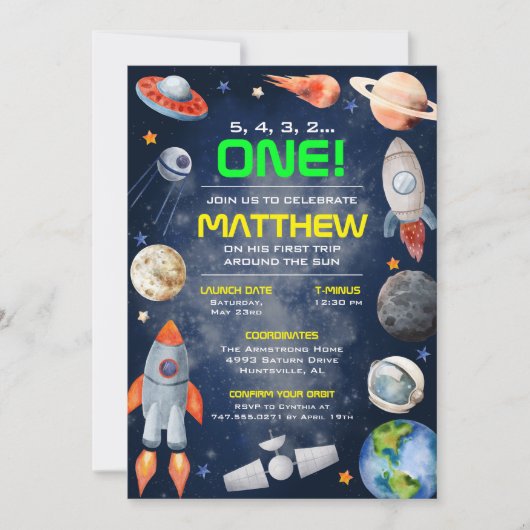 Outer Space First Birthday Invitation 招待状 (正面)