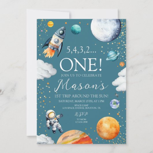 Outer Space First Birthday Rocket Teal Blue 招待状 (正面)