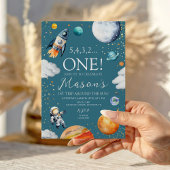 Outer Space First Birthday Rocket Teal Blue 招待状