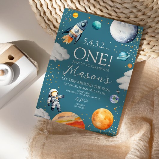 Outer Space First Birthday Rocket Teal Blue 招待状