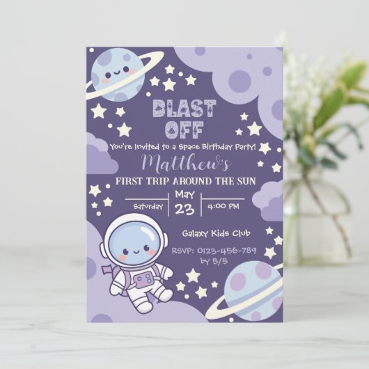 outer space First Trip around sun 1st birthday boy 招待状 (スタンド正面)