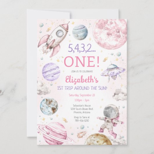 Outer Space First Trip Around The Sun 1st Birthday 招待状 (正面)