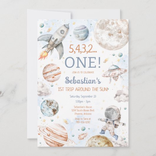 Outer Space First Trip Around The Sun 1st Birthday 招待状 (正面)