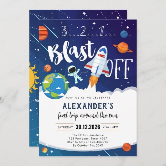 Outer Space First Trip Around the Sun 1st Birthday 招待状 (正面/裏面)