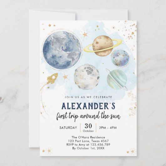 Outer Space First Trip Around the Sun 1st Birthday 招待状 (正面)