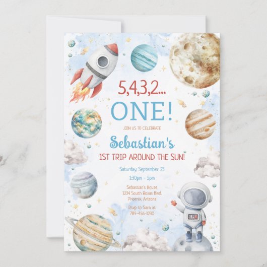 Outer Space First Trip Around The Sun 1st Birthday 招待状 (正面)