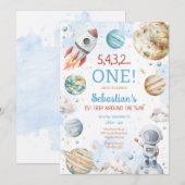 Outer Space First Trip Around The Sun 1st Birthday 招待状 (正面/裏面)