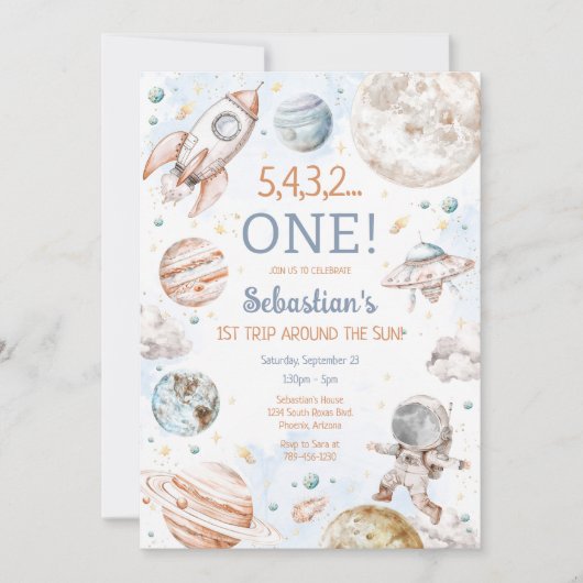 Outer Space First Trip Around The Sun 1st Birthday 招待状 (正面)