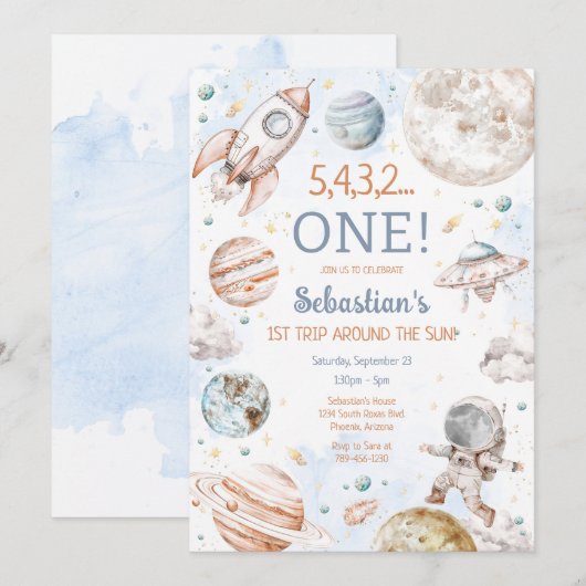 Outer Space First Trip Around The Sun 1st Birthday 招待状 (正面/裏面)