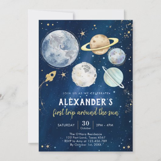 Outer Space First Trip Around the Sun 1st Birthday 招待状 (正面)