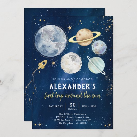 Outer Space First Trip Around the Sun 1st Birthday 招待状 (正面/裏面)