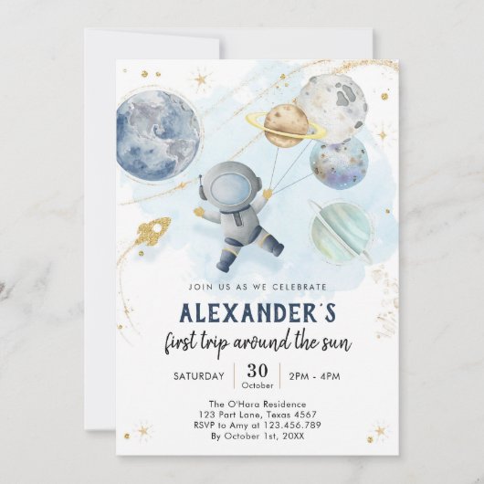 Outer Space First Trip Around the Sun 1st Birthday 招待状 (正面)