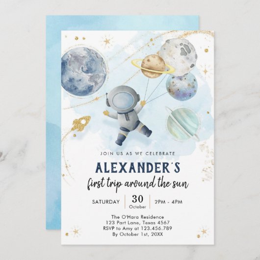 Outer Space First Trip Around the Sun 1st Birthday 招待状 (正面/裏面)