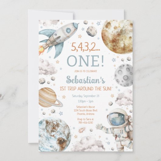 Outer Space First Trip Around The Sun 1st Birthday 招待状 (正面)