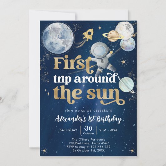 Outer Space First Trip Around the Sun 1st Birthday 招待状 (正面)