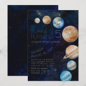 Outer Space Galaxy Planets 5th Birthday Party 招待状 (正面/裏面)