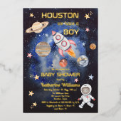 Outer Space Houston We Have a Boy ベビーシャワー 箔招待状 (正面)