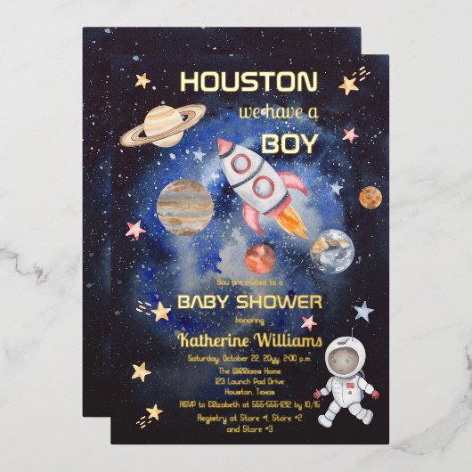 Outer Space Houston We Have a Boy ベビーシャワー 箔招待状 (正面/裏面)