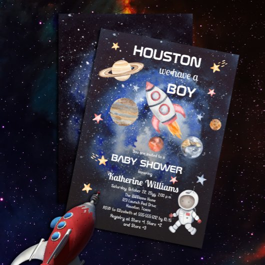 Outer Space Houston We Have a Boy 赤ちゃん歓迎会 招待状