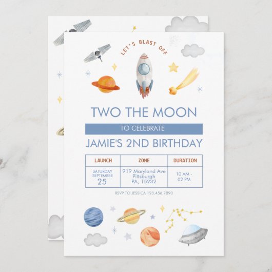 Outer space Party Astronaut 2nd Birthday 招待状 (正面/裏面)