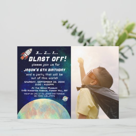 Outer Space Photo Any Age誕生日招待状 招待状 (スタンド正面)