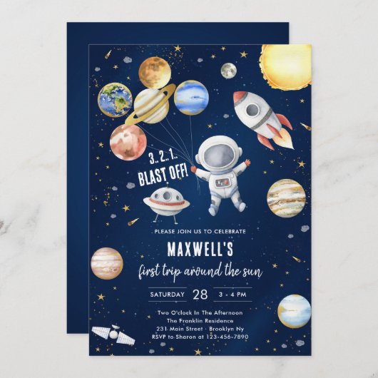 Outer Space Planets Astronaut Boy Birthday 招待状 (正面/裏面)