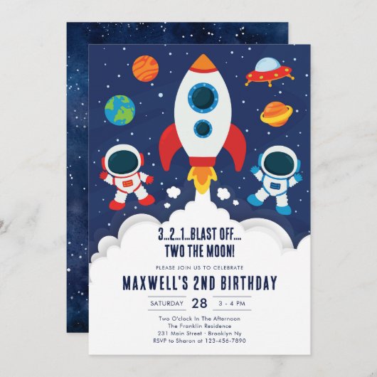 Outer Space Planets Astronaut Boy Birthday 招待状 (正面/裏面)