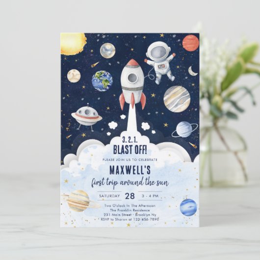 Outer Space Planets Astronaut Boy Birthday 招待状 (スタンド正面)