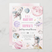 Outer Space Planets Astronaut Girl Birthday 招待状 (正面/裏面)