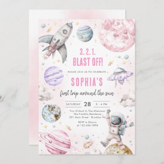 Outer Space Planets Astronaut Girl Birthday 招待状 (正面/裏面)
