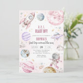 Outer Space Planets Astronaut Girl Birthday 招待状 (スタンド正面)