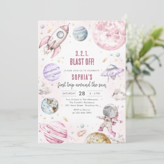 Outer Space Planets Astronaut Girl Birthday 招待状 (スタンド正面)