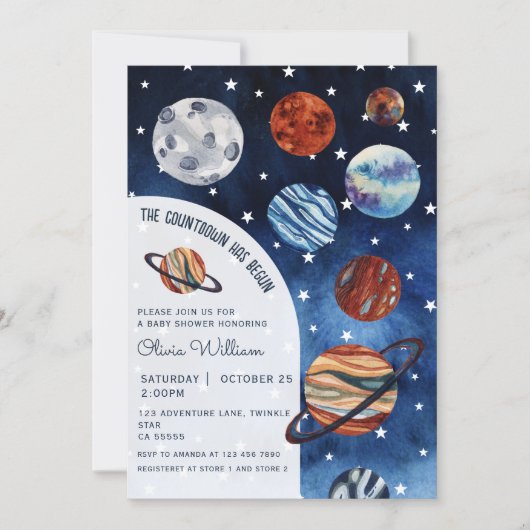 Outer Space Planets Navy Blue Boy Baby Shower 招待状 (正面)