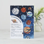 Outer Space Planets Navy Blue Boy Baby Shower  招待状 (スタンド正面)